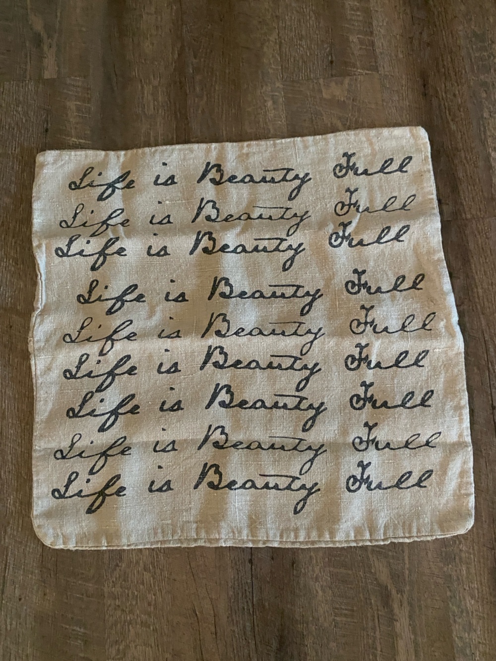 Sugarboo & Co. Oatmeal linen pillow case, printed - “Life is Beauty Full”